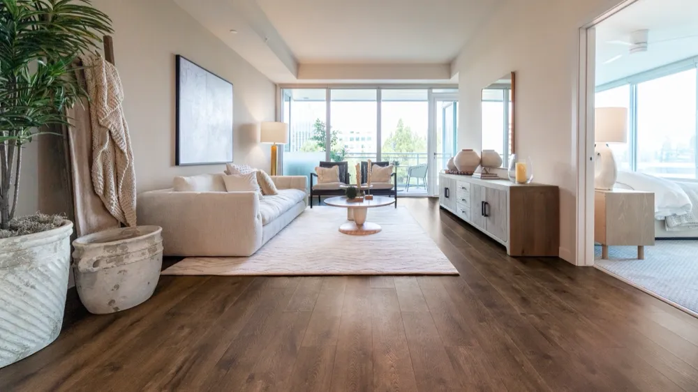 Closeup view of a floor with Chestnut vinyl flooring installed