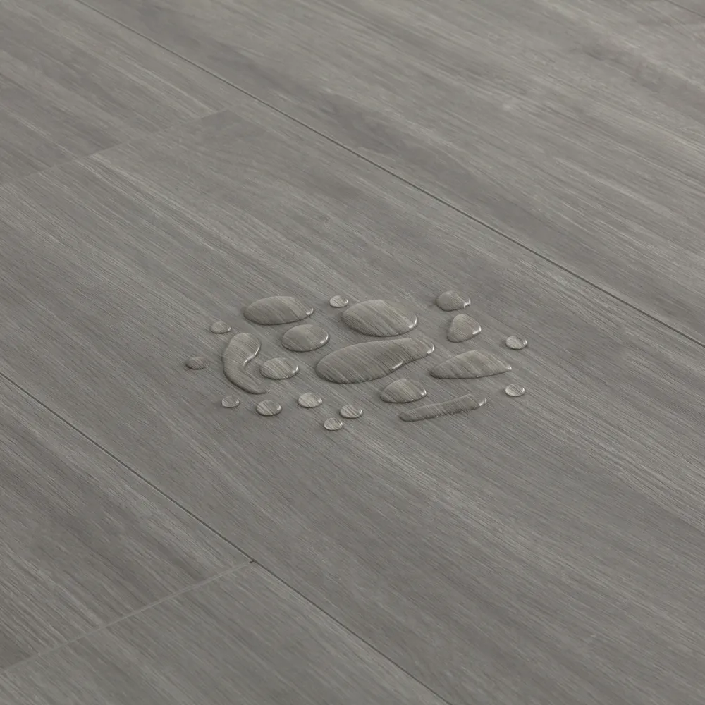 Closeup view of a floor with Summit Gray vinyl flooring installed