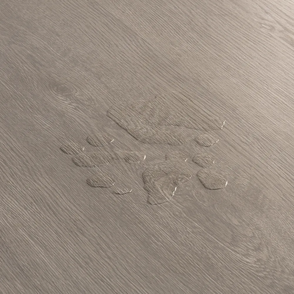 Closeup view of a floor with Castle Grey vinyl flooring installed