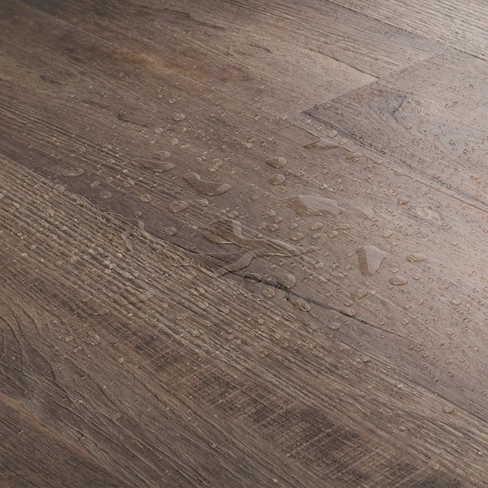 Closeup view of a floor with Ironwood vinyl flooring installed