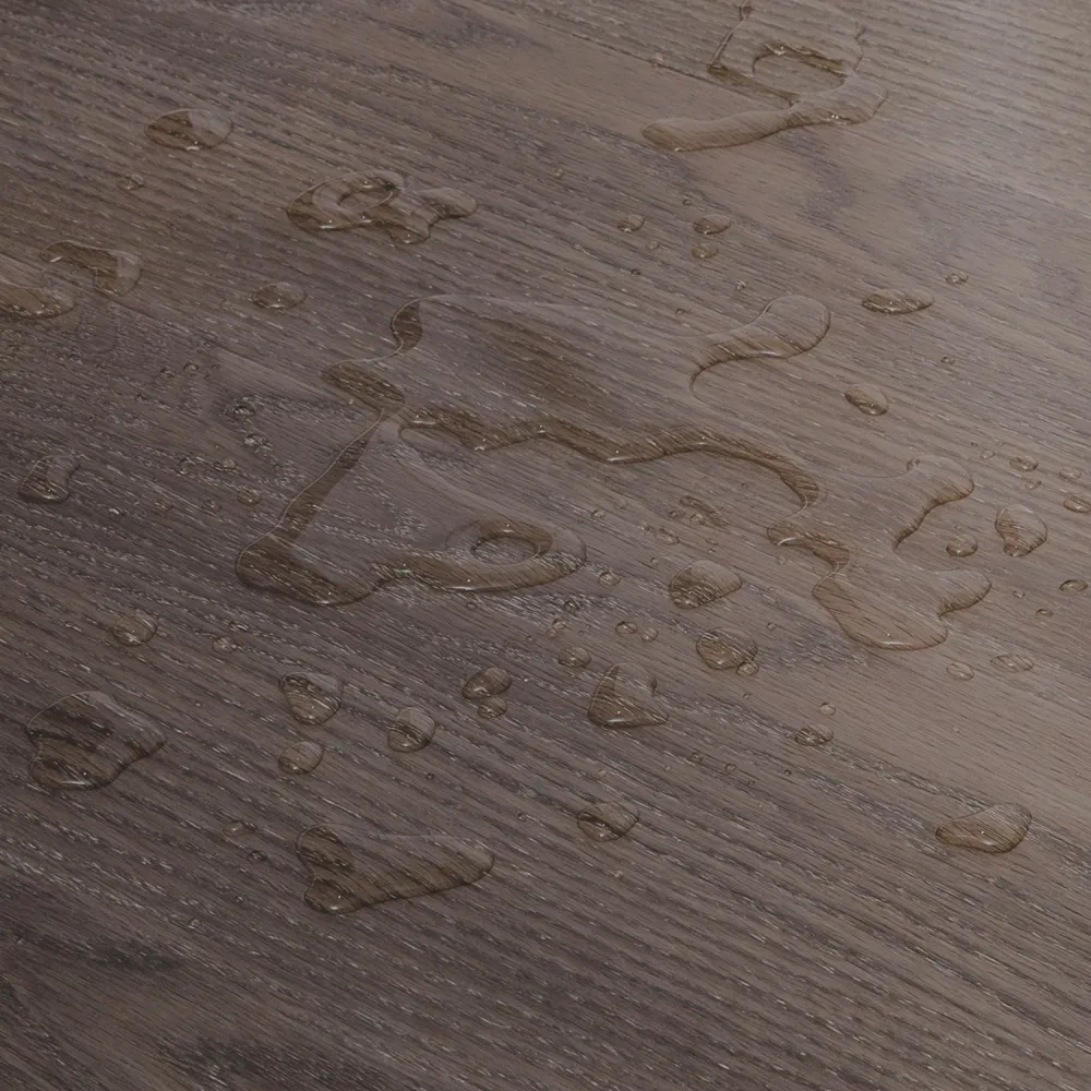 Closeup view of a floor with Midnight Grey vinyl flooring installed